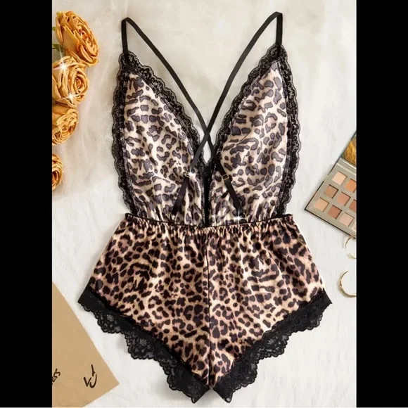 Black & Leopard, Silky & Floral Lace, Lingerie Bodysuit - Picture 8 of 10